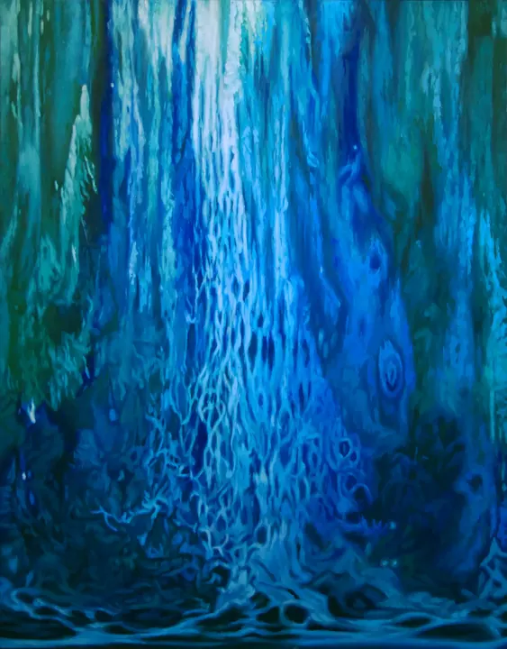 Árbol cascada, 2020. Acrílico sobre lienzo, 54 × 42 pulg.. Trillizos Torres Pacheco.