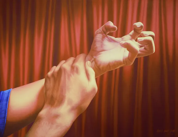 De mano en mano, 2022. Acrílico sobre lienzo, 77 × 100 cm. Trillizos Torres Pacheco.
