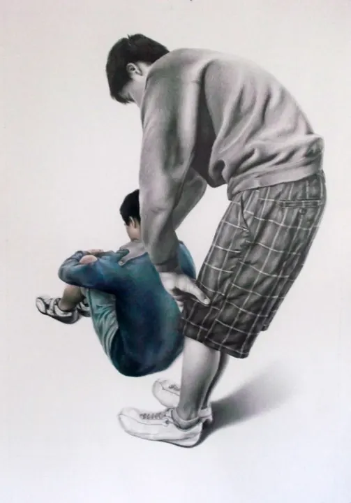 Duelo, 2015. Lápices de color y grafito sobre papel, 22 × 29.2 pulg.. Trillizos Torres Pacheco.