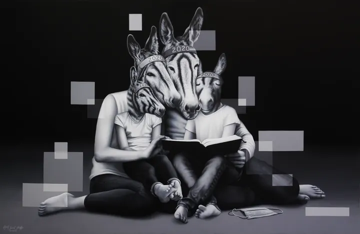 El Tijuano y su familia, 2023. Acrílico sobre lienzo, 130 × 200 cm. Trillizos Torres Pacheco.