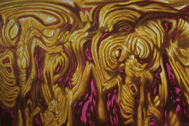 La caída dorada, 2021. Acrílico sobre lienzo, 100 × 150 cm. Trillizos Torres Pacheco.