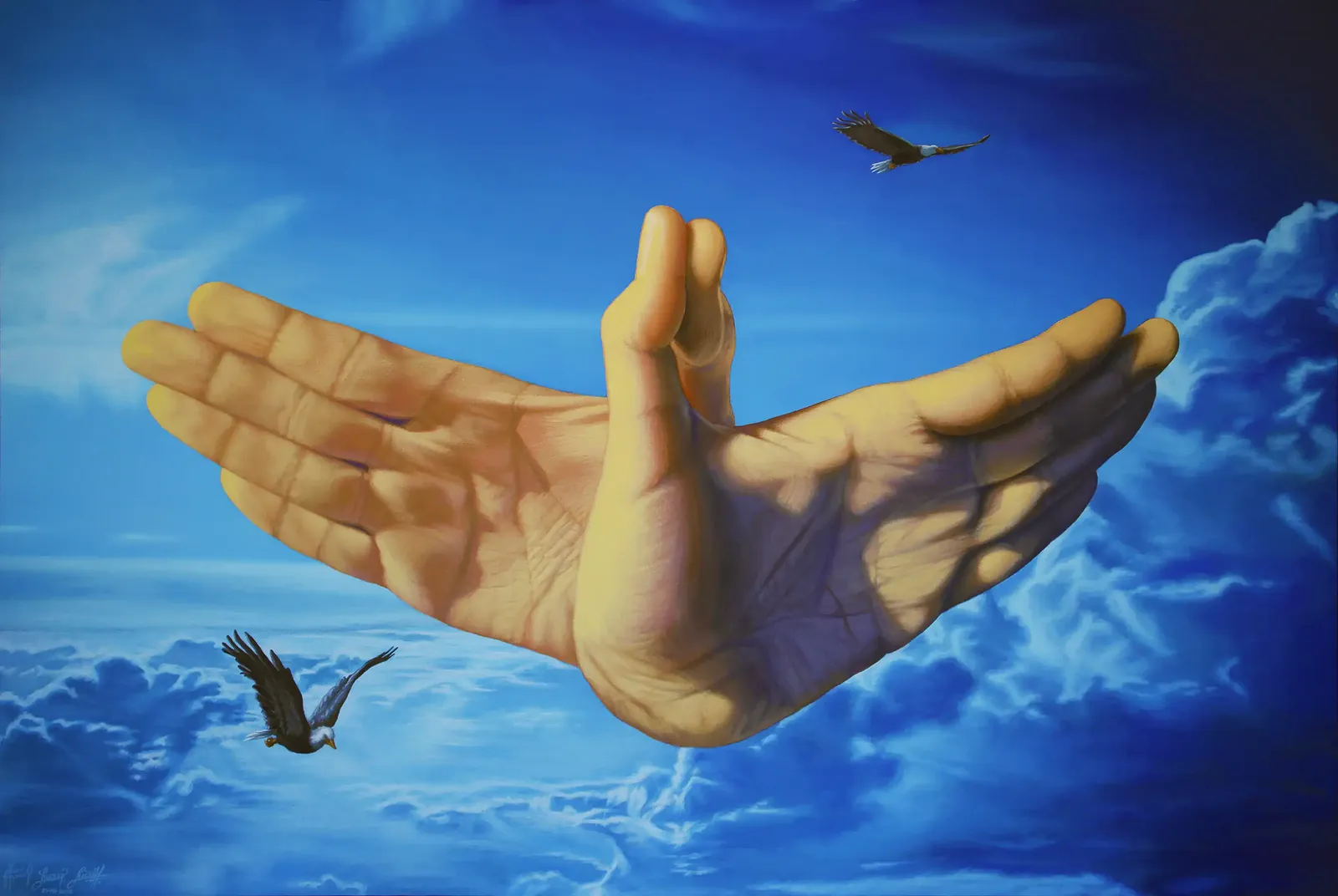 Manos arriba, 2022: tres manos forman un pájaro sobre el cielo
