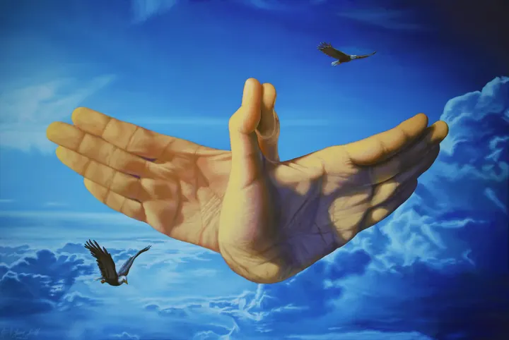 Manos arriba, 2022. Acrílico sobre lienzo, 67 × 100 cm. Trillizos Torres Pacheco.
