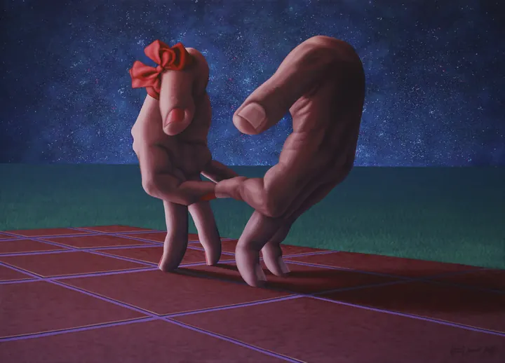¡Sacudan las manos!, 2023. Acrílico sobre lienzo, 72 × 100 cm. Trillizos Torres Pacheco.